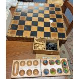 LEATHER CASED CHESS BOARD WITH CHESSMEN AND CASED SET GLASS COUNTERS Condition Report: