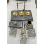 HARDSTONE BASED INKWELL STAND WITH BLOTTER & PEN NIB CLEANER & VARIOUS INKWELLS
