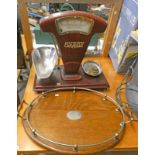 LATE 19TH CENTURY OAK DRINKS TRAY MARKED LIBERTON 1889 & SET OF AVERY SHOP SCALES