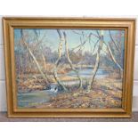 ARTHUR E MILNE WITH CRACKLING LEAF UNDERFOOT SIGNED GILT FRAMED OIL PAINTING 47 X 64 CM