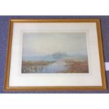 H CAFFIERI LANDSCAPE OF CASTLE ACROSS THE WATER SIGNED FRAMED WATERCOLOUR 32 X 48 CM