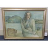 JOYCE W CAIRNS - (ARR) LADY AND THE PUMA SIGNED FRAMED WATERCOLOUR 19 X 27 CM