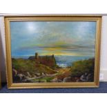 W HAINING 1976 SUNRISE AT DUNNOTTAR CASTLE SIGNED GILT FRAMED OIL PAINTING 60 X 81 CM