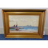 P MACGREGOR WILSON BOATS AT THE BEACH SIGNED GILT FRAMED WATER COLOUR 19 X 49 CM