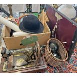 BOWLER HAT, SINGER SEWING MACHINE, ORIENTAL TABLE LAMP,