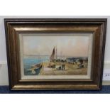 E J MAYBERRY TOWNSFOLK AT THE HARBOUR SIGNED FRAMED WATERCOLOUR 21 X 33 CM