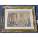 PIERRE LE BOEUFF TOUR DE MARCHE BERGUES NORTH FRANCE SIGNED GILT FRAMED WATERCOLOUR 28 CM X 36 CM