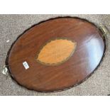 OVAL 19TH CENTURY MAHOGANY TRAY WITH BOXWOOD DECORATION,