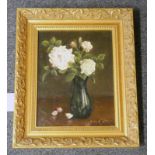 HOPE K RITCHIE PINK & WHITE ROSES SIGNED GILT FRAMED OIL PAINTING 35 X 26.