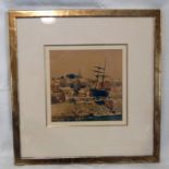 JAMES WATTERSTON HERALD SAILING SHIP IN HARBOUR UNSIGNED GILT FRAMED WATERCOLOUR 19 X 18.