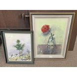 JAMES REVILLE FLOWER IN VASE SIGNED FRAMED WATERCOLOUR 51 X 34 CM & TREE ON HILLSIDE,