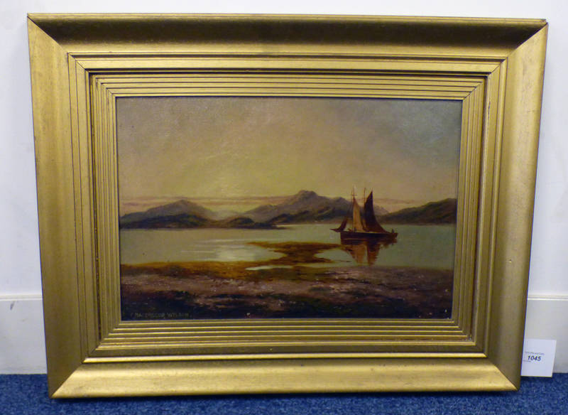 P MACGREGOR WILSON BOAT ON THE BAY SIGNED GILT FRAMED OIL PAINTING 34 X 52 CM