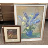 FRAMED OIL PAINTING VASE OF BLUE & WHITE FLOWERS,