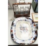 TANTALUS WITH 3 DECANTERS (AF) AND A LARGE PORCELAIN PLATTER BY CARROLL -2-