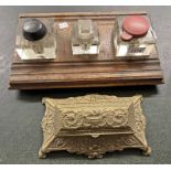 EMBOSSED BRASS NIB BOX & A CARVED OAK DESK INKWELL -2-