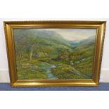 JAMES WALLACE COTTAGE IN THE HILLS SIGNED GILT FRAMED OIL PAINTING 46 CM X 70.