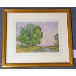 DAVID MURRAY SMITH WILLOWS BY A STREAM SIGNED FRAMED WATERCOLOUR 25 X 34 CM