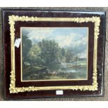 GILT FRAMED PICTURE OF 19TH CENTURY FIGURE FISHING ON THE RIVER,