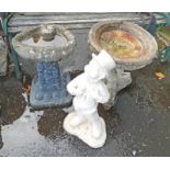 TWO CONCRETE BIRD BATHS AND FIGURE