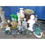 GOOD SELECTION OF GARDEN FIGURES TO INCLUDE PAIR CONCRETE DOGS,