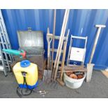 GOOD SELECTION OF PLANT POTS, FARMING TOOLS, SACK BARROW,