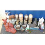 GOOD SELECTION OF VARIOUS GARDEN FIGURES TO INCLUDE 4 PAINTED LIONS,