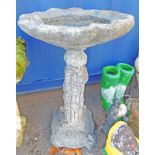 CONCRETE BIRD BATH WITH SCALLOP BASIN ON PEDESTAL WITH REEDED DECORATION 83 CM TALL