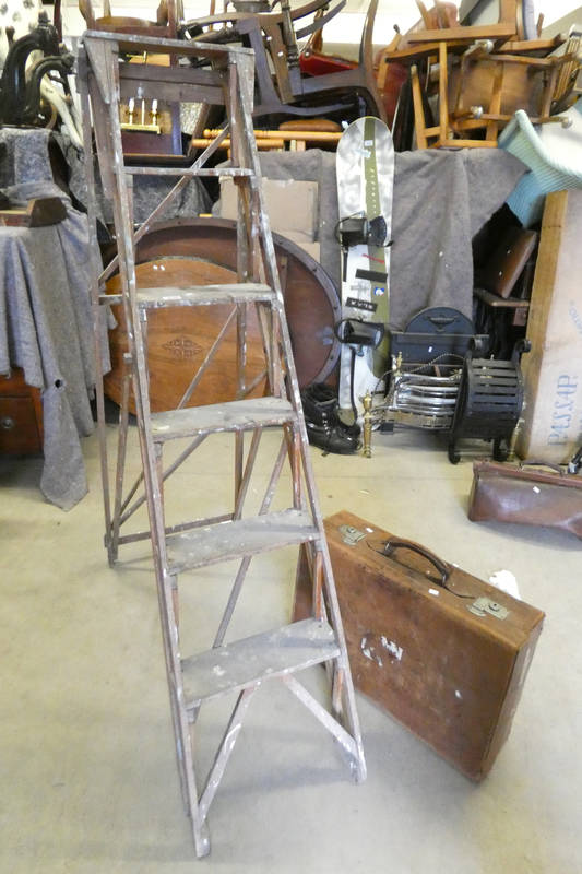 OAK STEP LADDER AND LEATHER SUITCASE