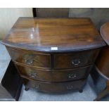 LATE 19TH CENTURY MAHOGANY BOW FRONT CHEST OF 2 SHORT OVER 2 LONG DRAWERS ON SPLAYED SUPPORTS,