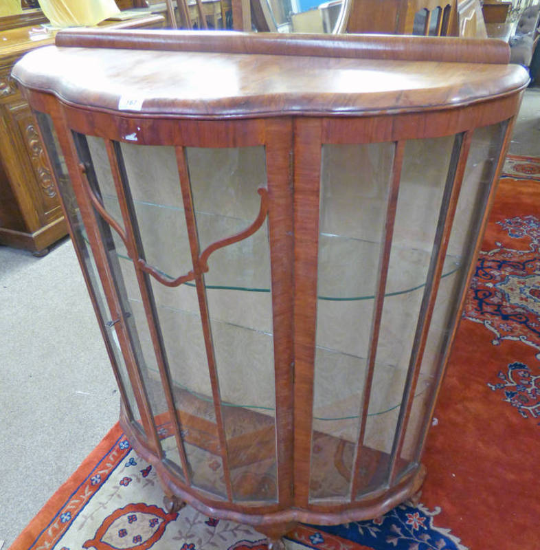 WALNUT DISPLAY CASE WITH SHAPED FRONT & ASTRAGAL GLASS PANEL DOOR ON BALL & CLAW SUPPORTS LABELLED