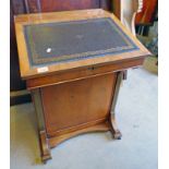 WALNUT DAVENPORT WITH LIFT TOP WITH LEATHER INSET AND FOUR DRAWERS TO RIGHT WITH BRASS HANDLES 82CM