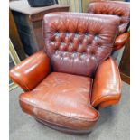 OVERSTUFFED RED LEATHER BUTTON BACK GENTLEMEN'S ARMCHAIR