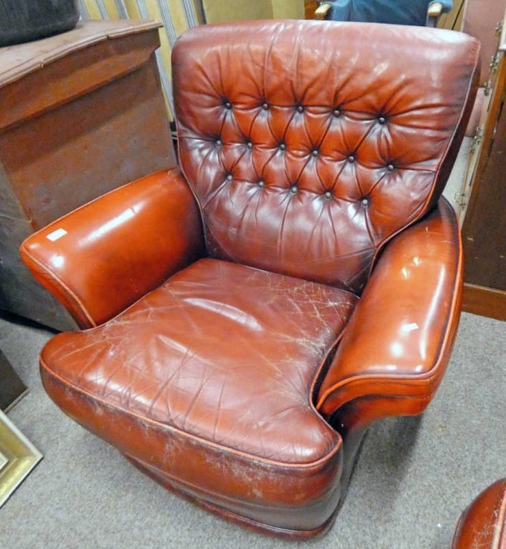 OVERSTUFFED RED LEATHER BUTTON BACK GENTLEMEN'S ARMCHAIR