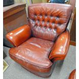 OVERSTUFFED RED LEATHER BUTTON BACK GENTLEMEN'S ARMCHAIR