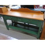 MAHOGANY HALL TABLE WITH 2 DRAWERS AND UNDERSHELF ON PAINTED SQUARE SUPPORTS 138 CM LONG