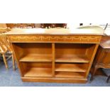 EARLY 20TH CENTURY INLAID MAHOGANY OPEN BOOKCASE WITH ADJUSTABLE SHELVES ON PLINTH BASE,