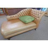 19TH CENTURY STYLE TAN LEATHER BUTTON BACK CHAISE LONGUE ON TURNED MAHOGANY SUPPORTS