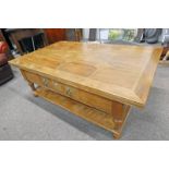 HARDWOOD RECTANGULAR COFFEE TABLE WITH TILE INSET TOP AND DRAWER EACH SIDE 130 CM LONG