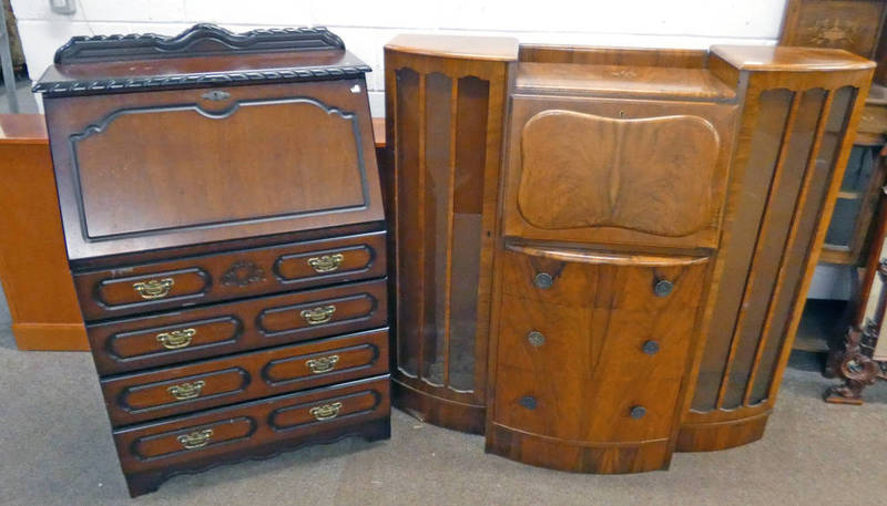 MID 20TH CENTURY BUREAU WITH CENTRAL FALL FRONT OVER 3 DRAWERS FLANKED BY 2 GLAZED PANEL DOORS AND