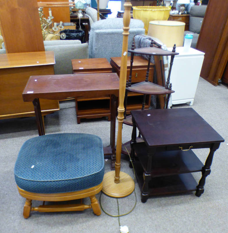 OAK STANDARD LAMP, MAHOGANY HALL TABLE, OAK STOOL,