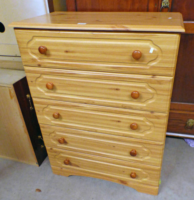 PINE CHEST OF 5 DRAWERS 107 CM TALL X 81 CM WIDE