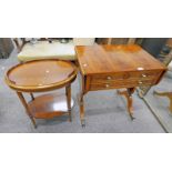 YEW WOOD LAMP TABLE WITH 4 DRAWERS AND 2 LEAVES AND YEW WOOD OVAL LAMP TABLE WITH GALLERY TOP AND