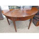 19TH CENTURY MAHOGANY HALF MOON TABLE WITH SINGLE DRAWER ON SQUARE SUPPORTS 122 CM WIDE
