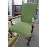 19TH CENTURY MAHOGANY FRAMED SCROLL ARM OPEN ARMCHAIR ON DECORATIVE QUEEN ANNE SUPPORTS