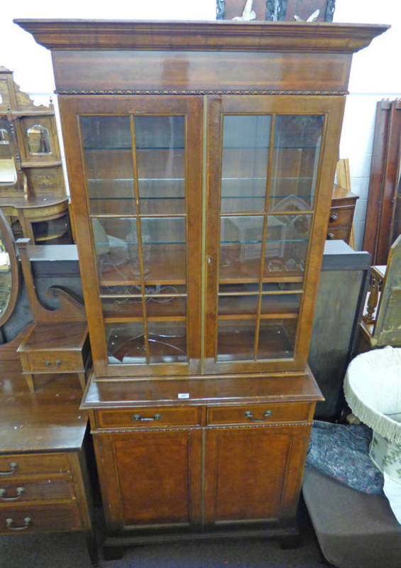 LATE 19TH CENTURY MAHOGANY BOOKCASE WITH DECORATIVE FEATHER BANDING & 2 GLAZED PANEL DOORS OVER