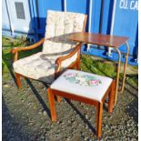 OAK OPEN ARMCHAIR, MAHOGANY STOOL WITH TAPESTRY SEAT,