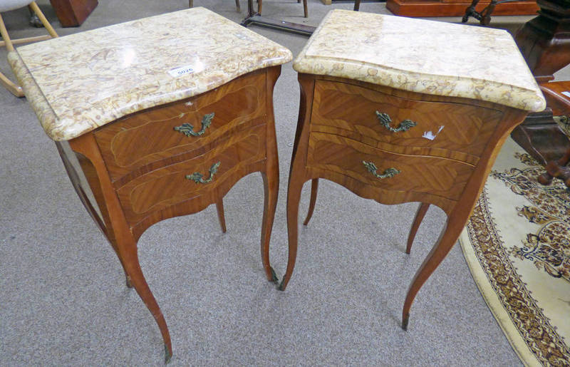 PAIR OF LATE 19TH CENTURY STYLE MARBLE TOPPED KINGWOOD 2 DRAWER BEDSIDE CHESTS WITH SERPENTINE