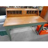 MAHOGANY DESK WITH GALLERY TOP WITH SINGLE PANEL DOOR OVER BASE OF SINGLE DRAWER ON PAINTED SHAPED