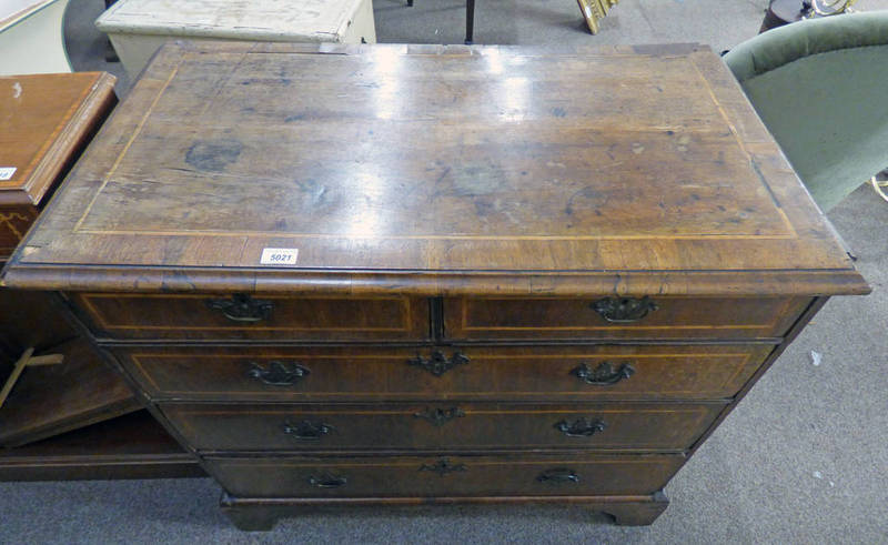 19TH CENTURY INLAID MAHOGANY CHEST OF 2 SHORT OVER 3 LONG GRADUATED DRAWERS ON BRACKET SUPPORTS,