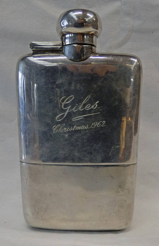 LARGE SILVER HIP FLASK BY WILLIAM HUTTON & SONS LTD, SHEFFIELD 1951 - 15.